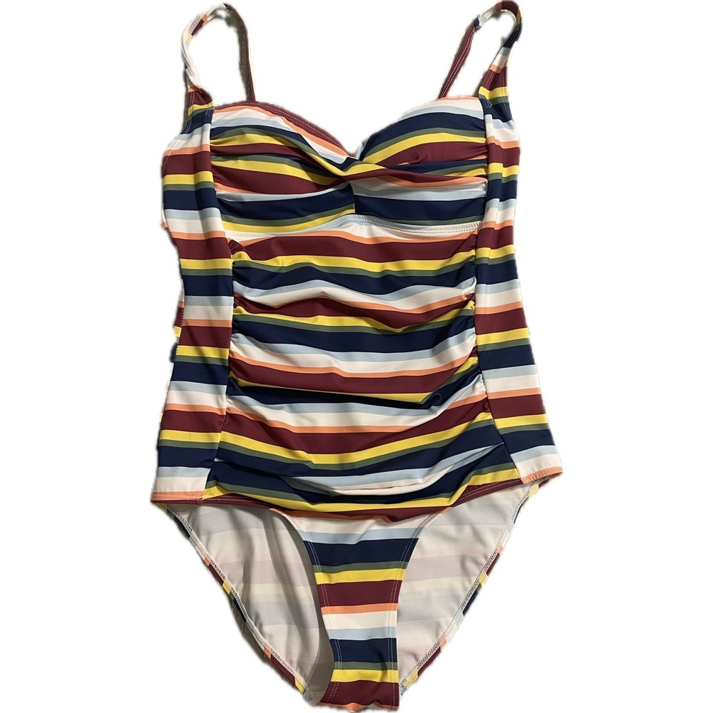 NEW - Romenza Targo Navy Burgundy Yellow Striped One Piece Swimsuit Size XL